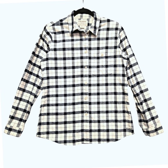 Filson Tops - Filson Button Down Shirt Women's L White Black Plaid Cotton Flannel Long Sleeve‎